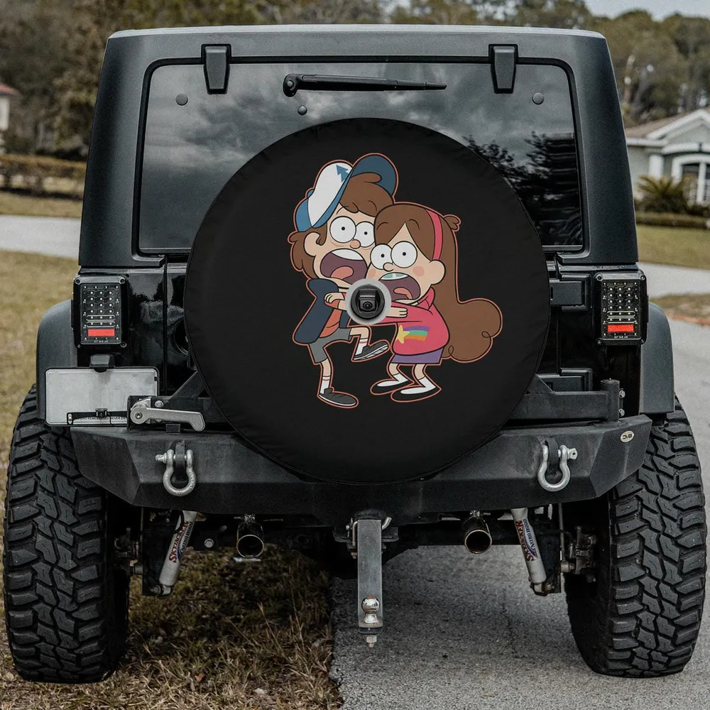 Dipper and Mabel Pines scared hug Gravity Falls spare tire cover with camera hole