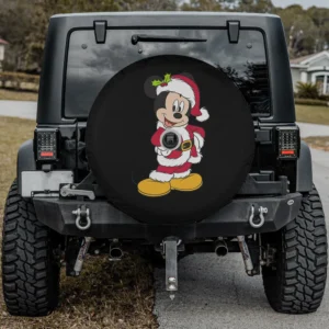 Holiday spare tire cover with Mickey Mouse Santa suit and holly, backup camera hole