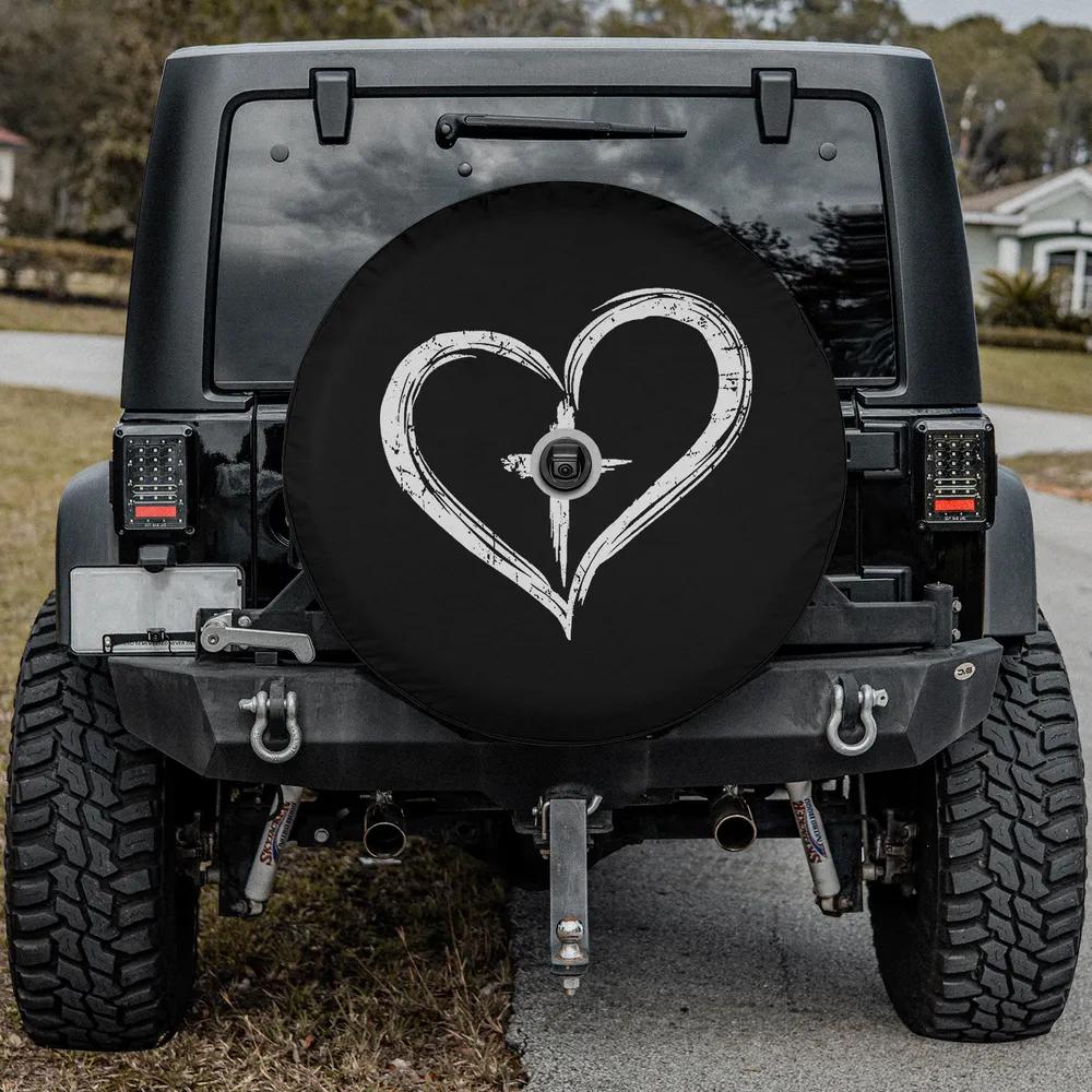 Distressed heart cross Christian Mercedes G-Class spare tire cover with backup camera hole