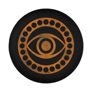Distressed neon orange Eye of Agamotto logo from Doctor Strange on spare tire cover