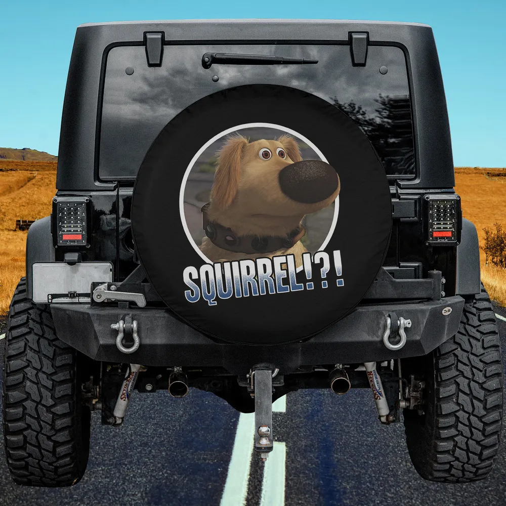 Dug dog portrait with SQUIRREL!? text Pixar Up movie spare tire cover no camera hole