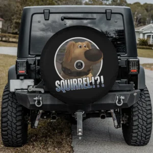 Dug dog portrait SQUIRREL!? text movie spare tire cover with backup camera hole