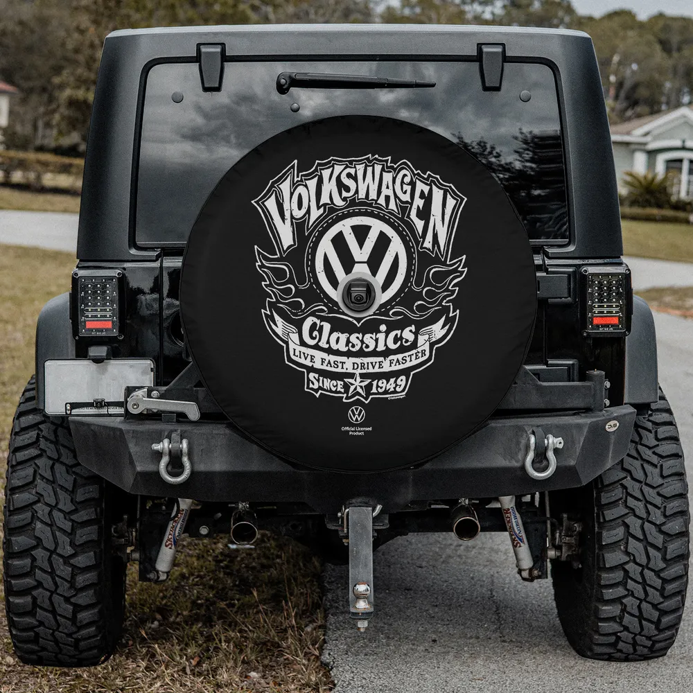 flaming vw biker logo classics banner spare tire cover with camera hole for Mercedes G-Wagon