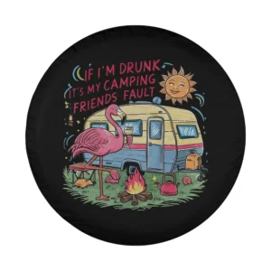 flamingo retro camper camping friends design illustration