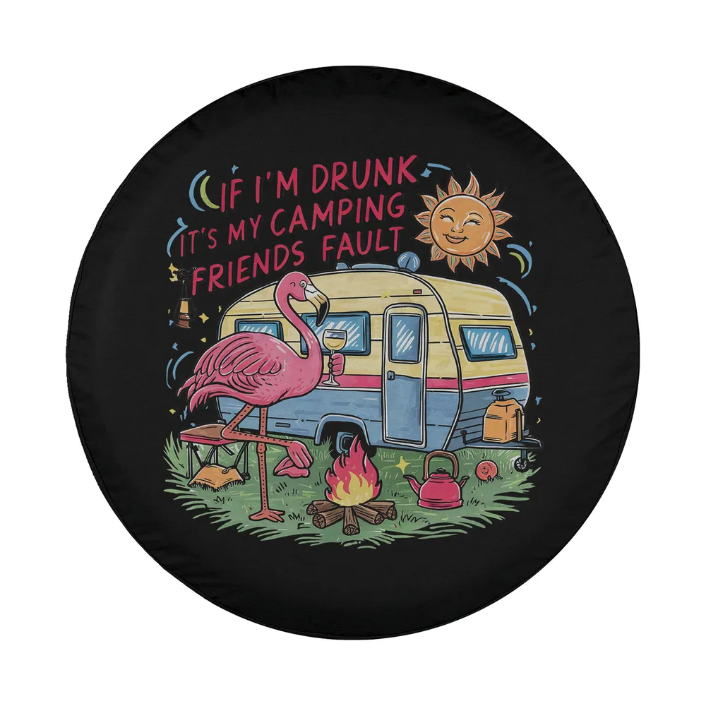 flamingo retro camper camping friends design illustration