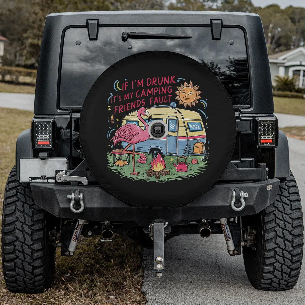 flamingo retro camper camping friends spare tire cover with camera hole