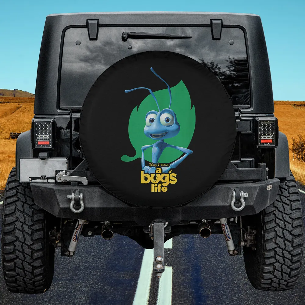 Flik on green leaf with Bugs Life logo spare tire cover for Jeep, no camera hole