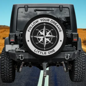 Follow Your Dreams compass camping spare tire cover with bold compass rose and inspirational text, no camera hole