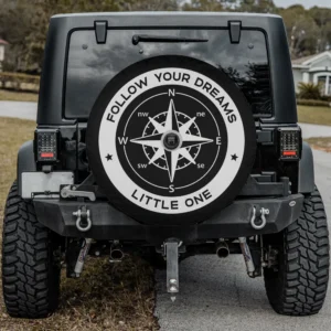 Follow Your Dreams compass camping spare tire cover, compass rose and motivational text, with backup camera hole