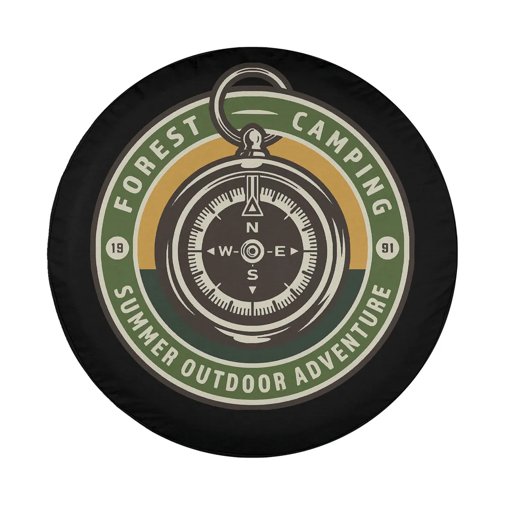 Forest camping compass adventure camping spare tire cover design closeup