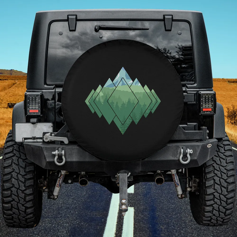 Geometric mountain pine forest adventure spare tire cover with no camera hole for Jeep or SUV