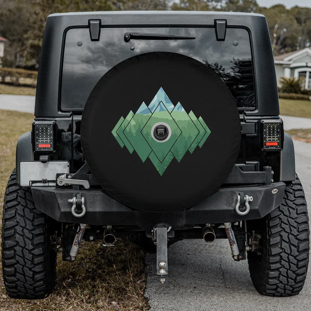 Geometric mountain pine forest adventure spare tire cover with backup camera hole for Jeep Wrangler