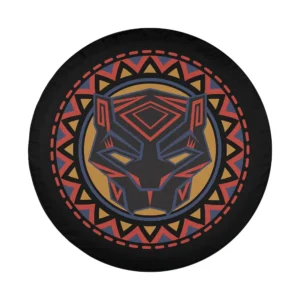 Geometric tribal sunburst Black Panther mask design for spare tire covers