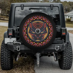 Geometric tribal sunburst Black Panther mask spare tire cover with camera hole for SUVs