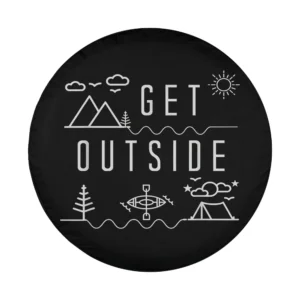 Minimalist line art Get Outside adventure icons spare tire cover design