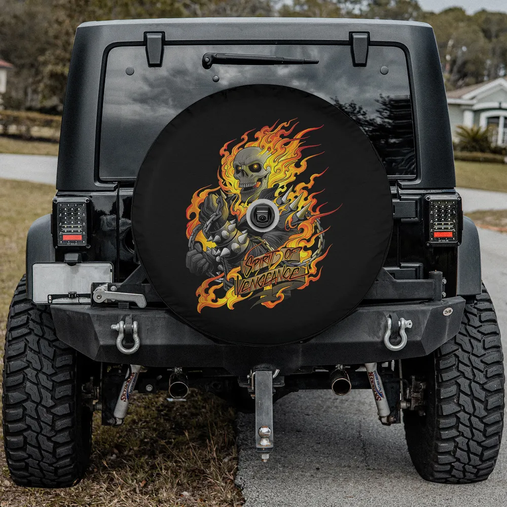 Ghost Rider flaming skull chain Spirit of Vengeance spare tire cover with camera hole