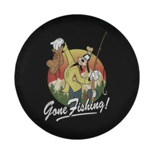 Goofy Gone Fishing cartoon with retro sunset and pine trees design