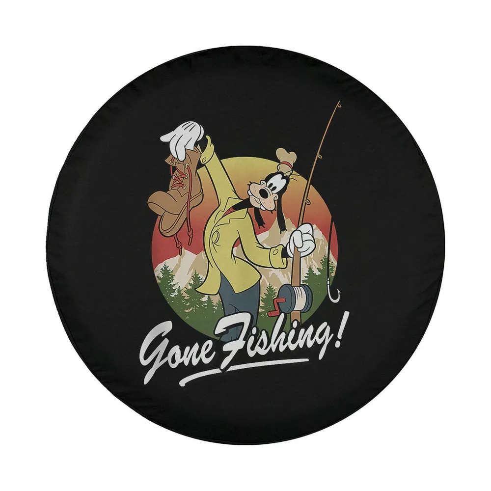Goofy Gone Fishing cartoon with retro sunset and pine trees design