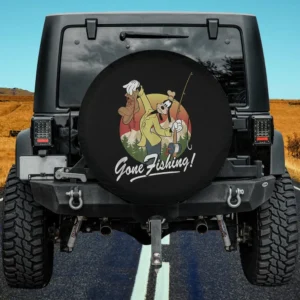 Goofy with fishing rod and retro sunset on spare tire cover for Jeep