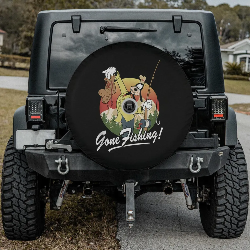 Goofy Disney fishing rod retro sunset spare tire cover with camera hole option