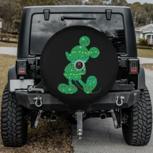 Green Mickey Mouse silhouette with Christmas lights spare tire cover with camera hole