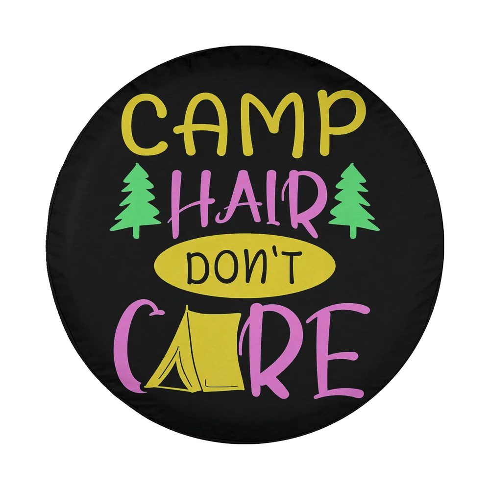 camping spare tire cover with green pine trees and yellow tent design for Jeep SUV RV