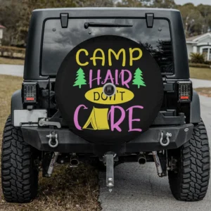green pine trees yellow tent camp hair don't care spare tire cover with backup camera hole