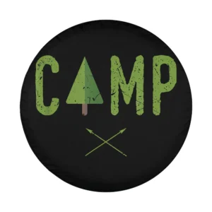 green tree camp text and crossed arrows camping tire cover design