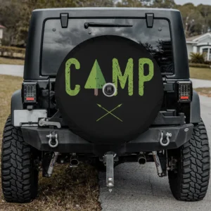 green tree camp text with crossed arrows spare tire cover with camera hole