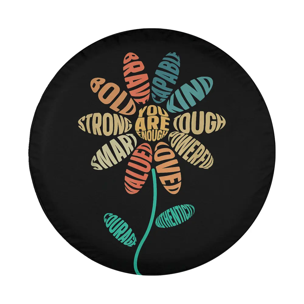 Groovy flower with affirmation words kindness mental health design for spare tire cover