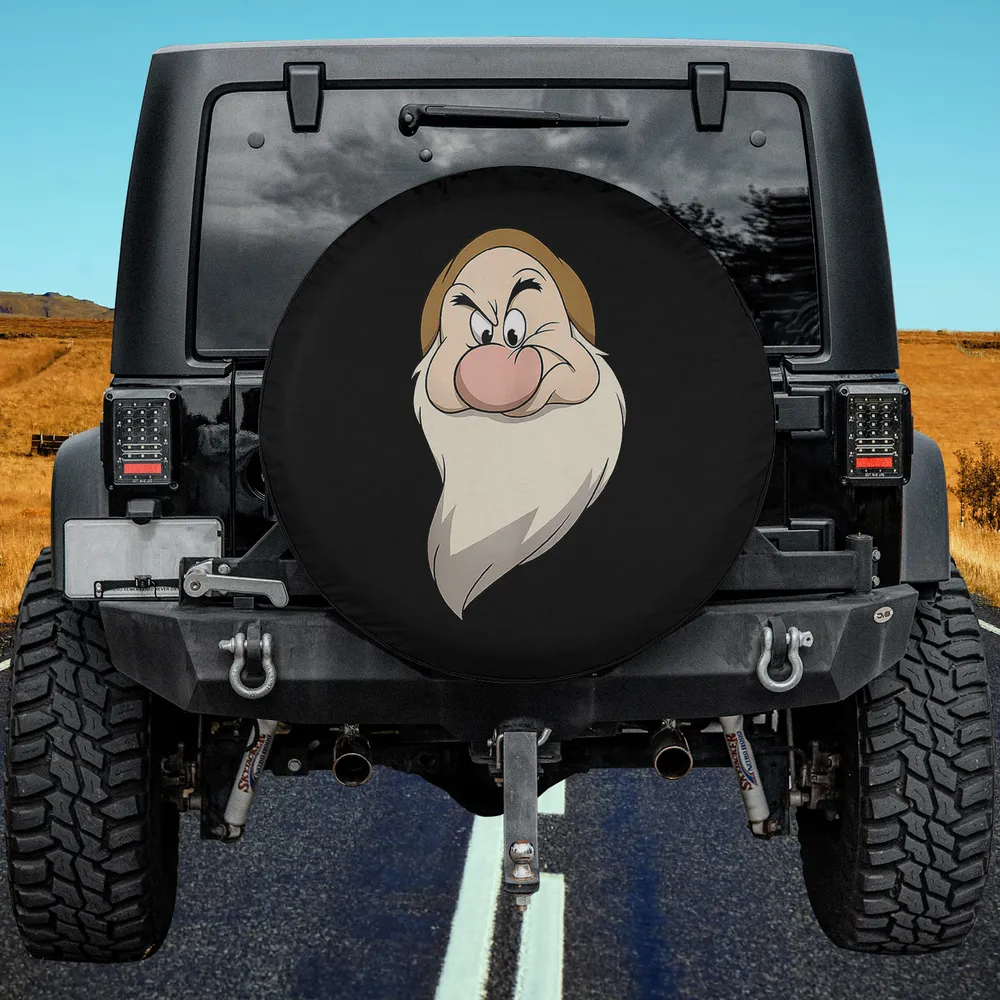 Grumpy big face cartoon Disney spare tire cover on Jeep with no camera hole