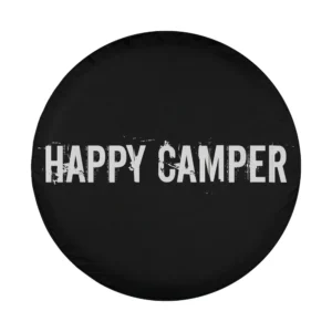 Happy Camper spare tire cover with bold distressed camping text design