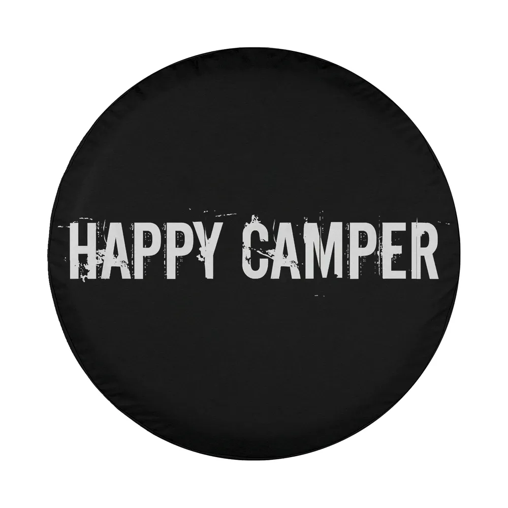 Happy Camper spare tire cover with bold distressed camping text design