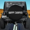 Bold distressed Happy Camper text camping spare tire cover no camera hole