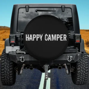 Bold distressed Happy Camper text camping spare tire cover no camera hole