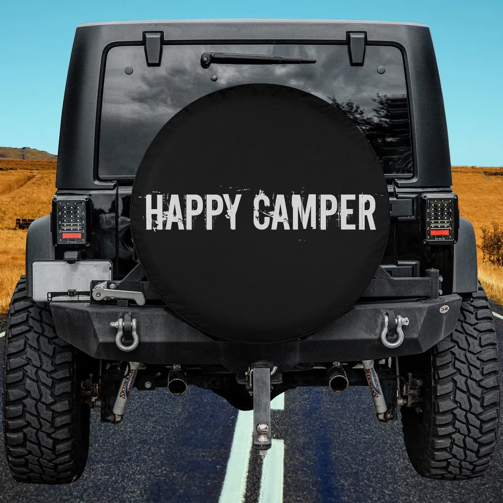 Bold distressed Happy Camper text camping spare tire cover no camera hole