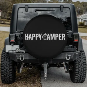 Bold distressed Happy Camper text camping spare tire cover with camera hole