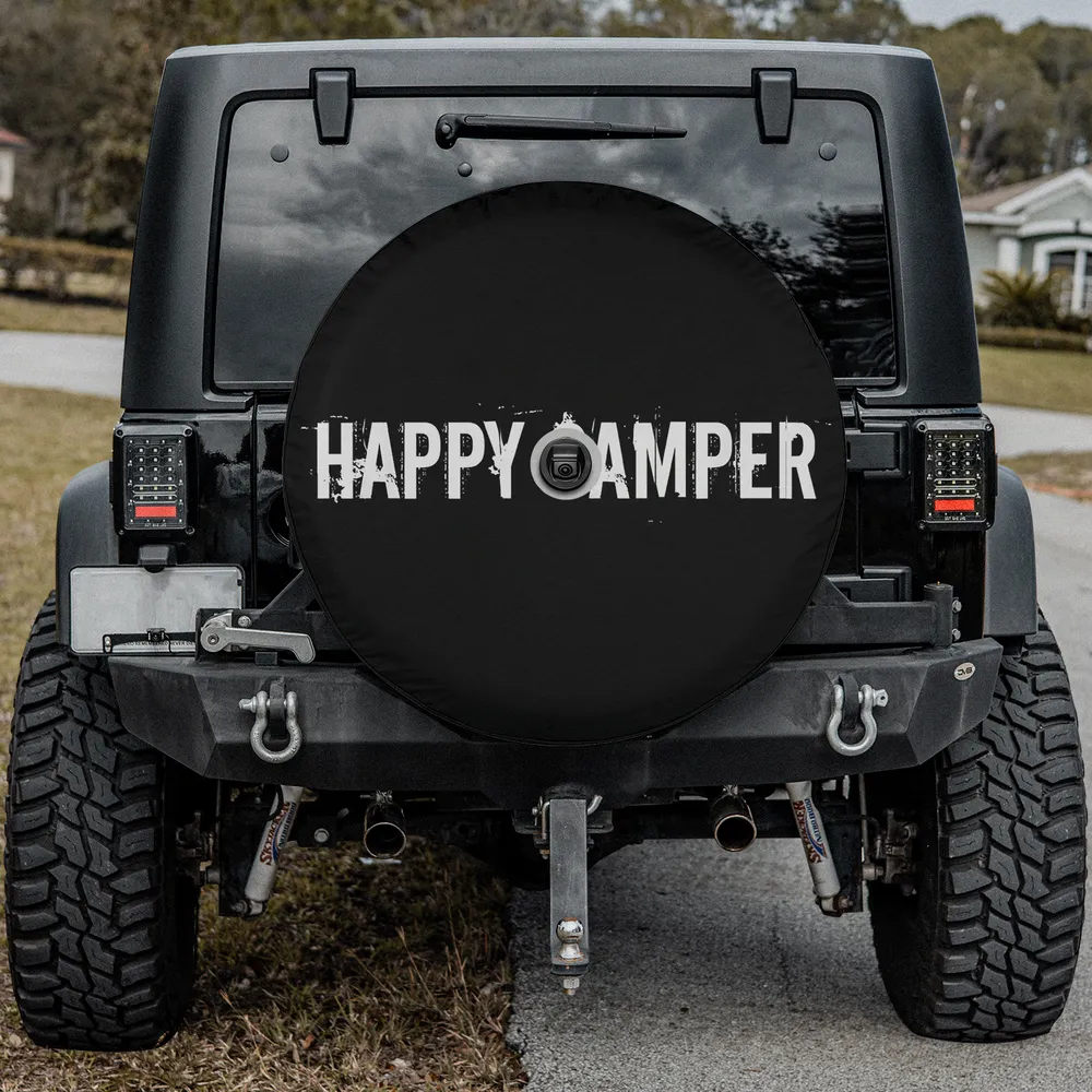 Bold distressed Happy Camper text camping spare tire cover with camera hole