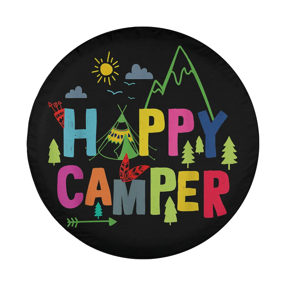 colorful mountain tent happy camper spare tire cover design only