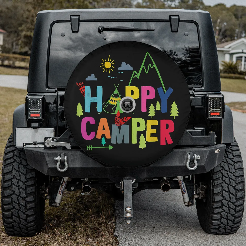 colorful mountain tent happy camper spare tire cover with camera hole