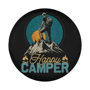 Happy Camper Hiking Scene Camping Spare Tire Cover graphic design with hiker and sunrise
