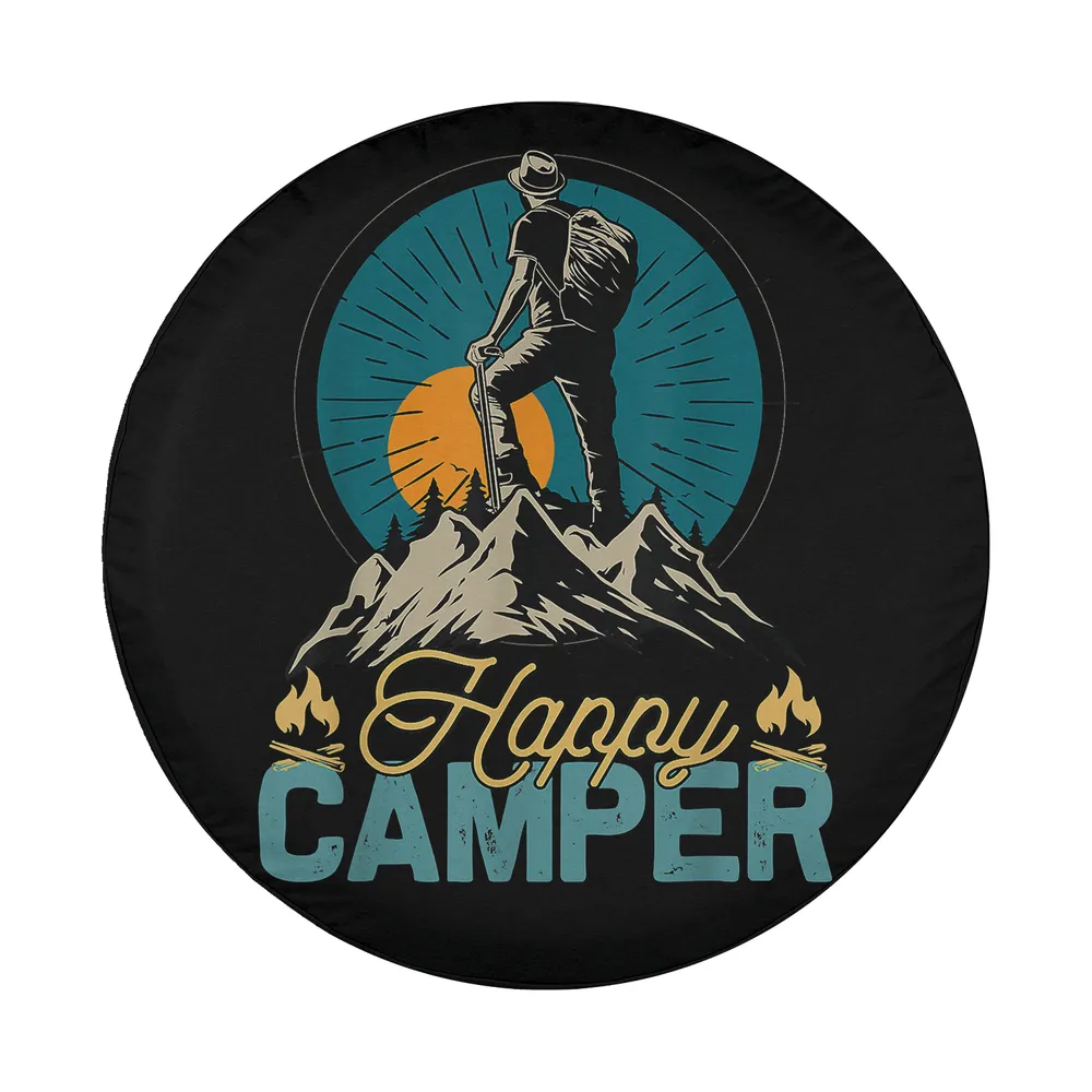 Happy Camper Hiking Scene Camping Spare Tire Cover graphic design with hiker and sunrise