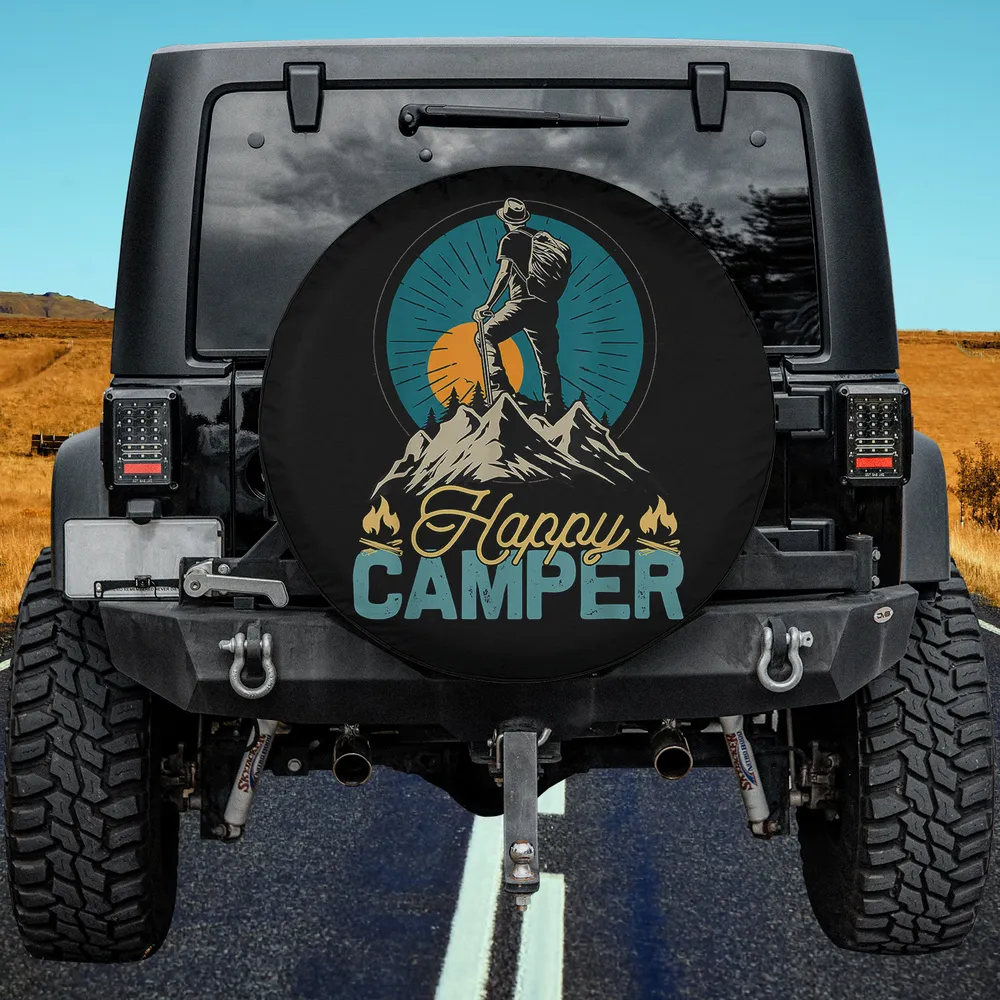 Happy Camper Hiking Scene Camping Spare Tire Cover with hiker, sunrise, and mountains, no camera hole