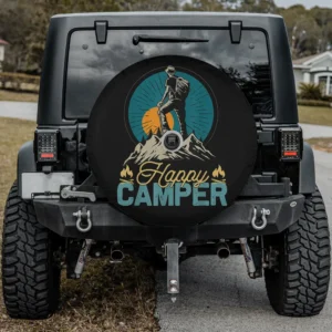 Happy Camper Hiking Scene Camping Spare Tire Cover with hiker, sunrise, mountains, and camera hole