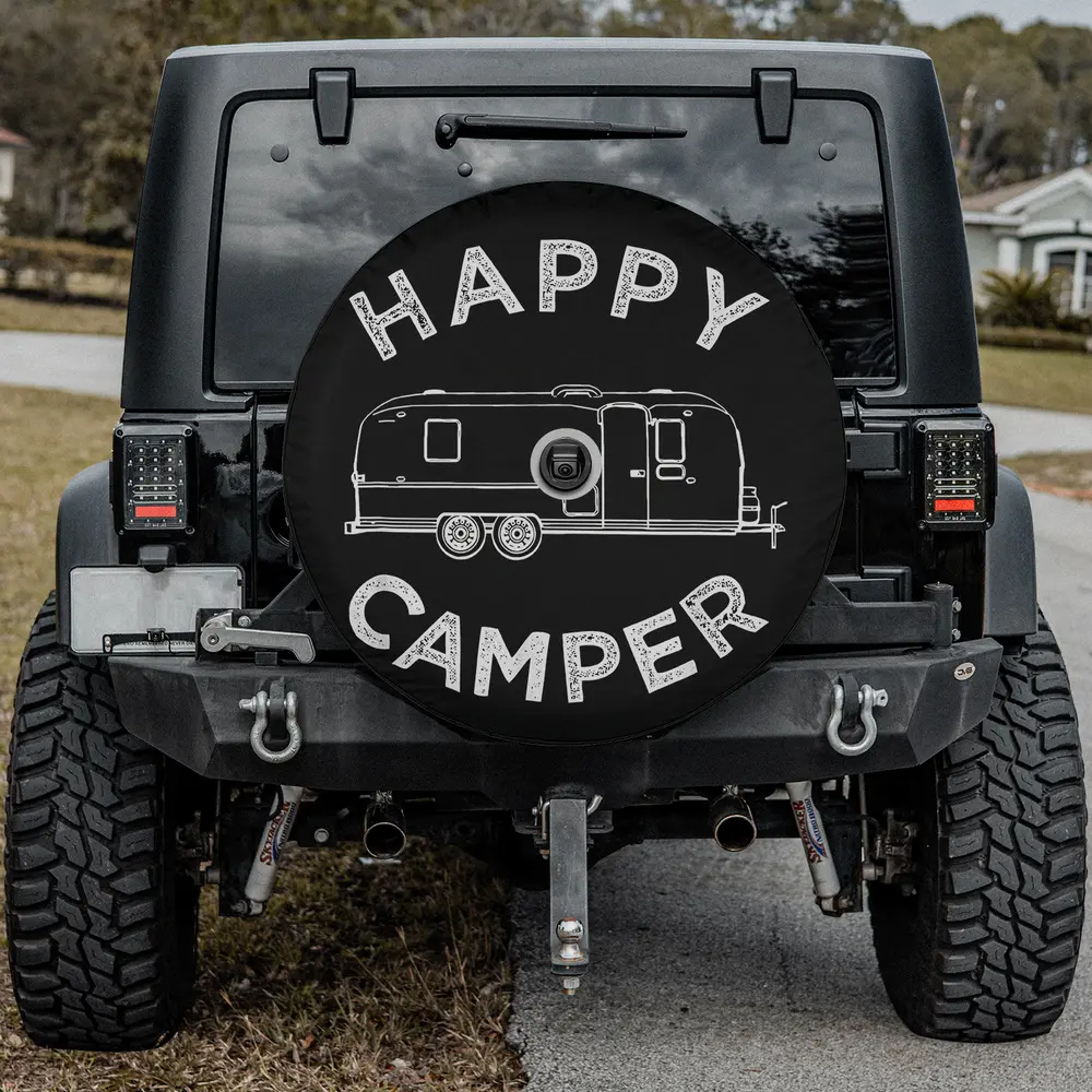 happy camper retro camping caravan spare tire cover with camera hole for Jeep RV SUV