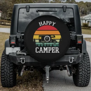 retro sunset stripes rv happy camper spare tire cover with camera hole