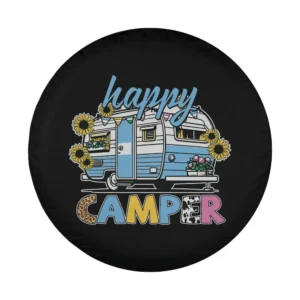 happy camper sunflower camper spare tire cover design closeup for RV and Jeep