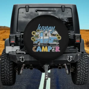 happy camper sunflower camper spare tire cover with no camera hole on Jeep