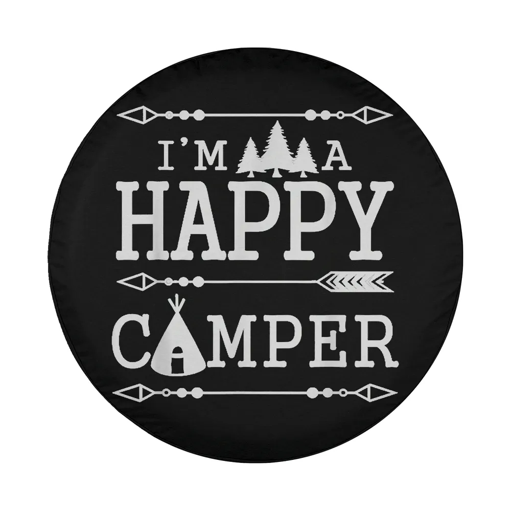 happy camper tree tent camping spare tire cover design with tipi tent and trees