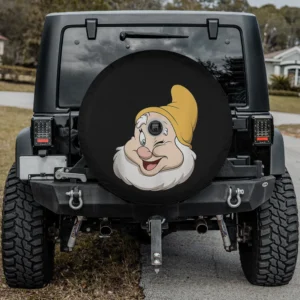 Happy dwarf with yellow hat winking Disney spare tire cover with camera hole